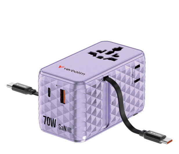 VERBATIM Charge ’n Travel 70W 2C retractable Universal Adapter purple 30188 - 1484041 - zdjęcie